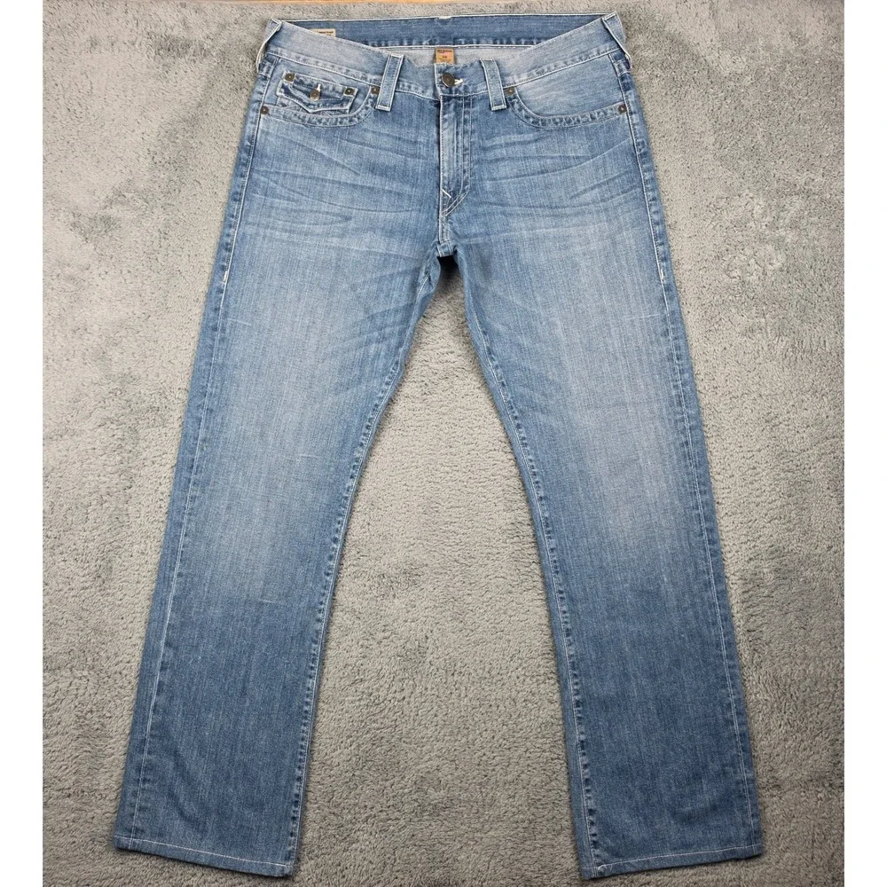 Vtg True Religion Ricky Jeans Mens 38 Blue Straight Flap Pocket Horseshoe USA